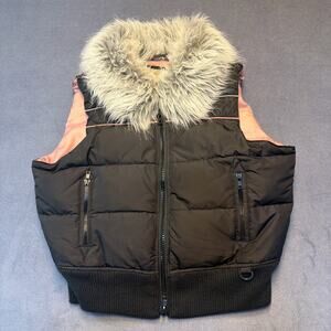 American Rag Cie Short Down Puffer Vest Black w/Gray Faux Fur Collar Size L